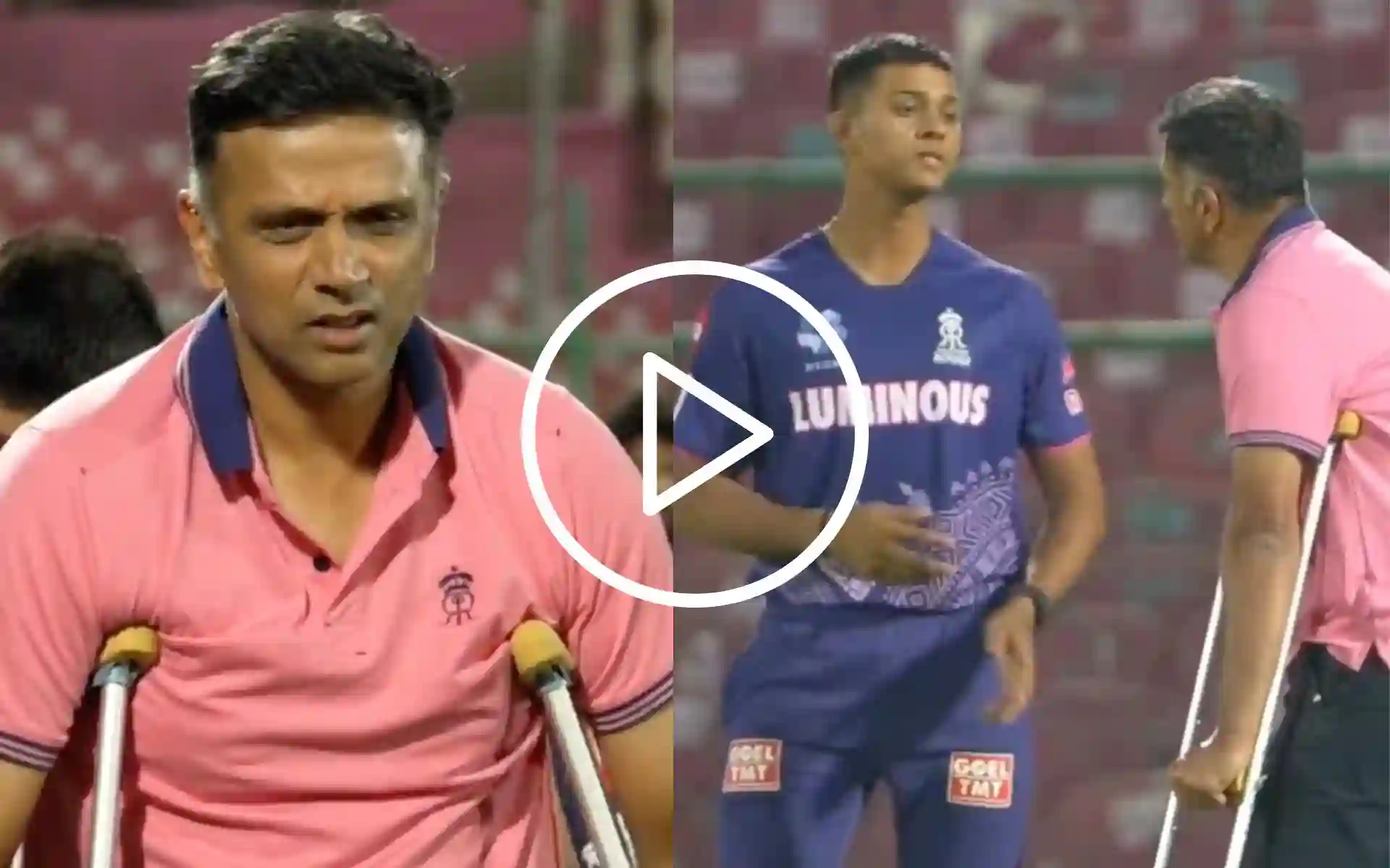 [Watch] Rahul Dravid Struggles To Walk With Crutches; Helps Jaiswal, Riyan Parag Despite Pain